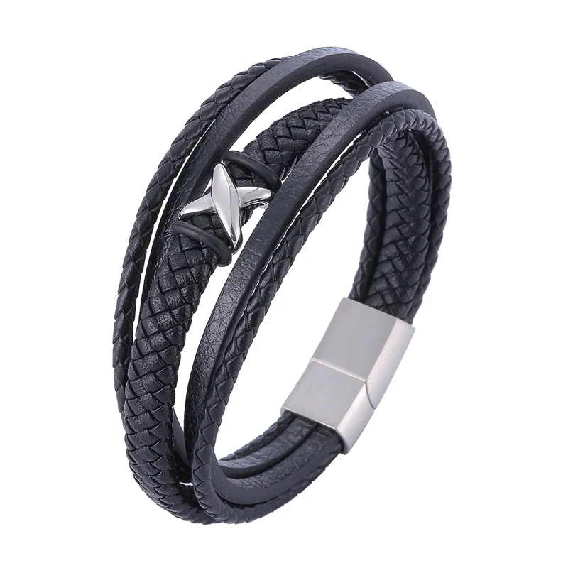 

New Trendy Black Multilayer Braided Leather Cross Bracelet Men Jewelry Stainless Steel Bangle Rock Hip Hop Male Wristband PS1150