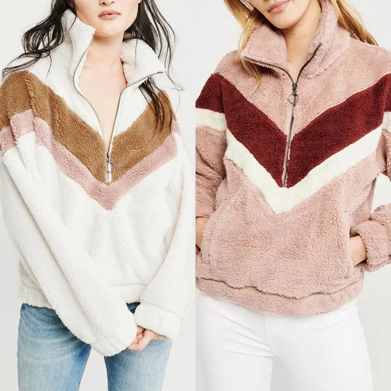 

Plush solid color stitching zipper loose casual women's sweater