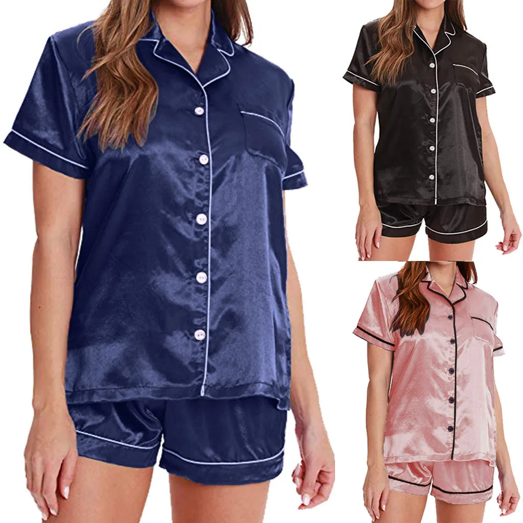 

Satin Button Short Sleeve Pajama Sets Women Turn-down Collar Pyjamas Pocket Sleepwear 2PCS Shirt+Shorts Lounge Solid Home Suit