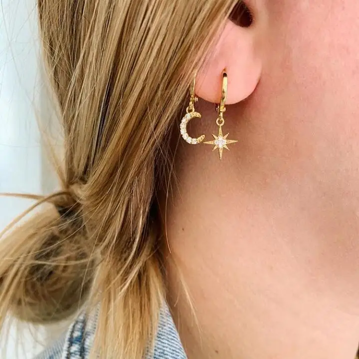 Серьги Стразы золотого цвета звезда луна серебро 100% пробы асимметричные серьги с