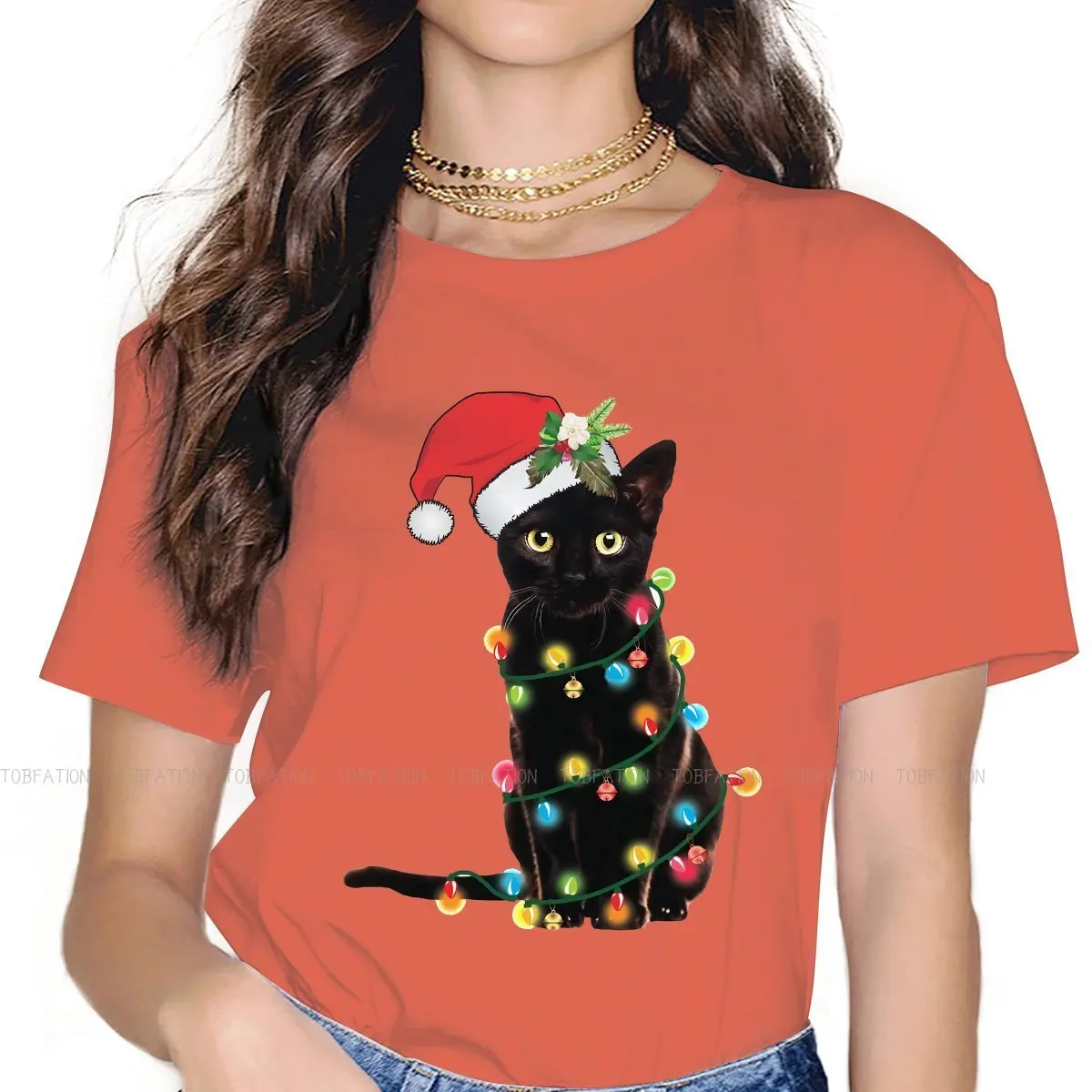 

Black Santa Cat Winding In Lights Women TShirt Merry Christmas O Neck Girls Tops 5XL Lady T Shirt Funny Cute Gift