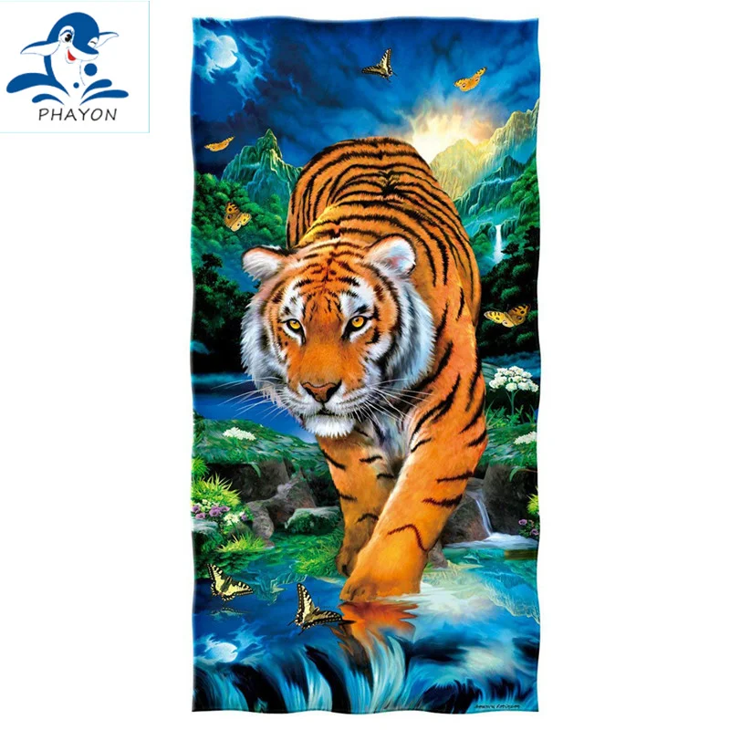 

PHAYON Bath Towel Bathroom Tiger 3D Microfiber Beach Towel for Adult Forest Animals Shower Towel 75x150cm Swimming Sport Towel