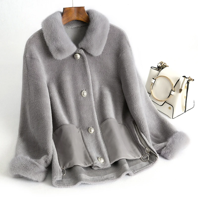 Пальто из корейской норки с меховым воротником 100% шерсть Женская куртка на осень