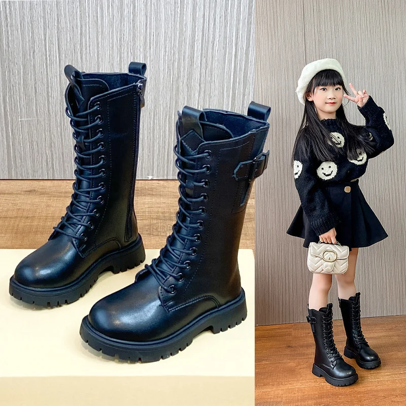 

Baby Toddler Girls Plush Long Boots Big Kids Black Platform Lace-up Knee High Boots Children Fashion Dress Fur Boots Size 27-37