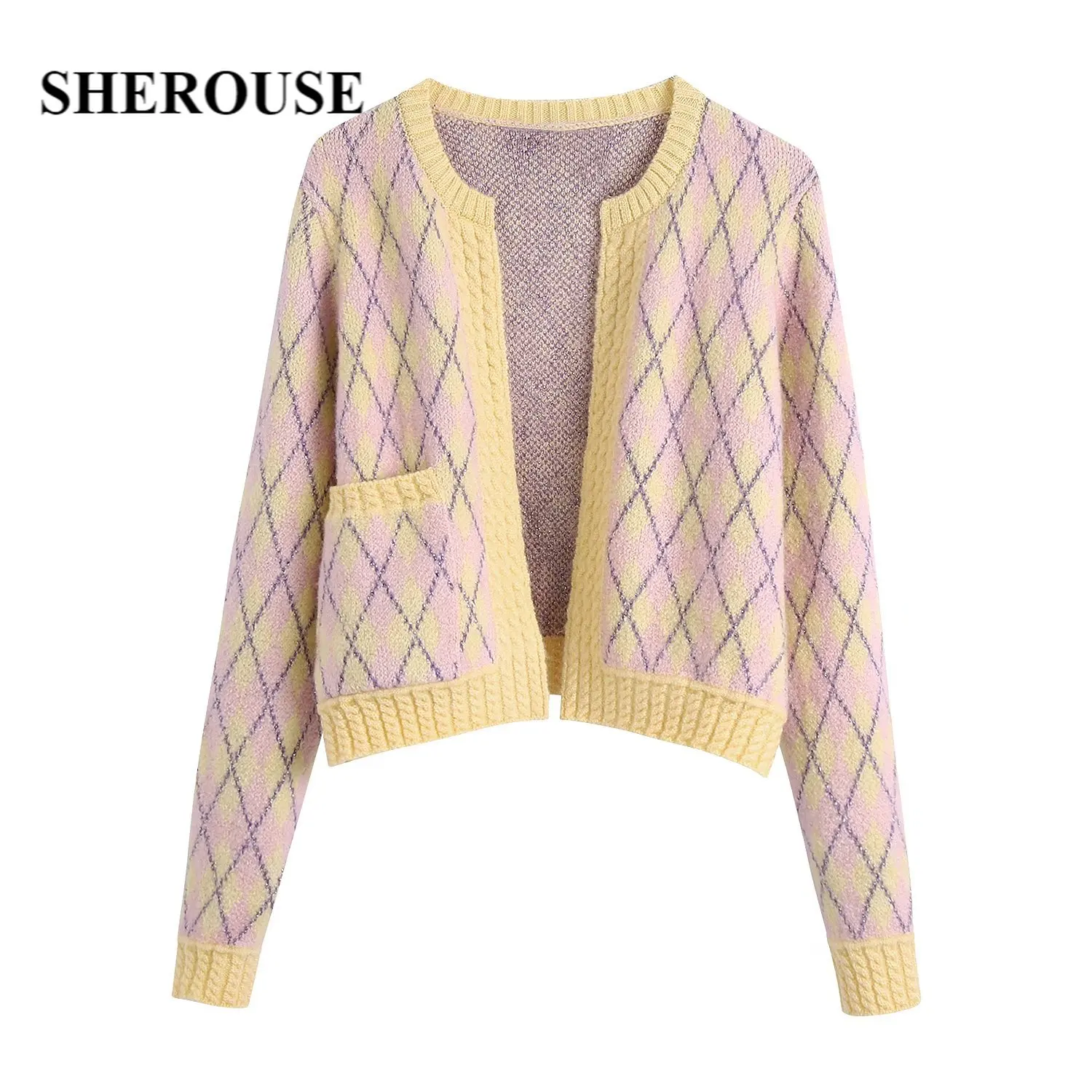 

SHEROUSE Women Fashion Argyle Opening Knitted Cardigan Long Sleeves Round Neckline Vintage Woman Knit Sweater Chic Lady Tops
