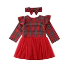 Рождественская одежда для маленьких девочек, красная клетчатая одежда с оборками, Тюлевое платье-пачка, повязка на голову, Рождественский наряд, милый, с длинным рукавом, 0-3 года