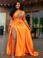 long orange mermaid prom dresses with detachable train high side split slit luxury african one shoulder women evening gowns