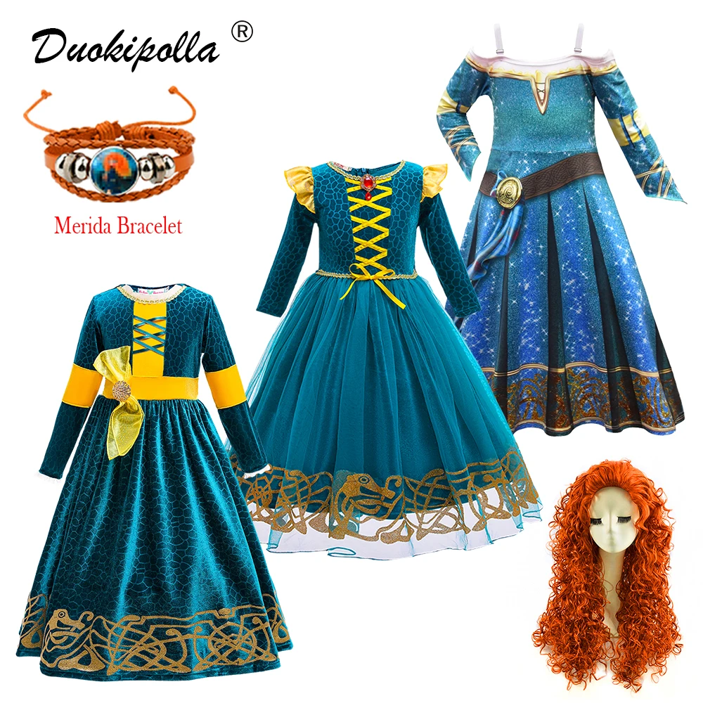 Toddler Merida Dress Halloween Princess Costume European Child Party Green Vintage Dresses Winter Long Sleeve Velvet Clothing