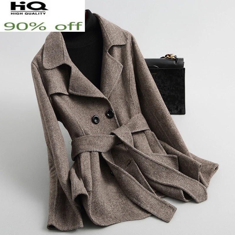 

Natural Wool Jackets Winter Black Woolen Coat Female Manteau Femme Hiver 2022 Korean Autumn Spring Blend Belt Overcoat 05