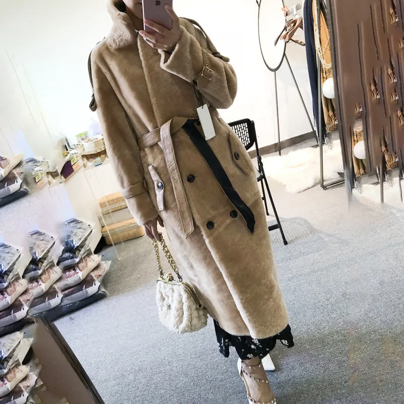 LANMREM новинка 2019 зимнее пальто из овечьего меха с воротником-стойкой длинное белое