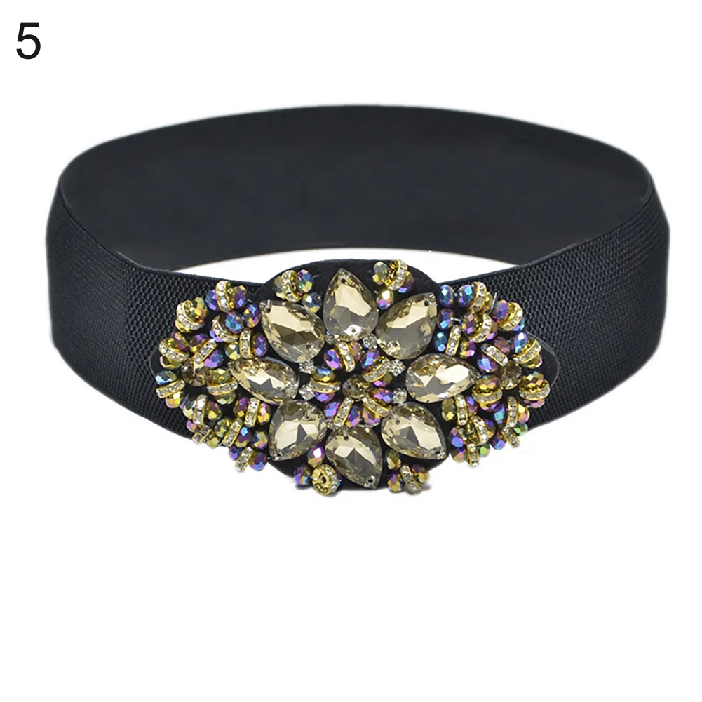 

Women Colorful Rhinestone Flower Waist Belt Elastic Wide Waistband Dress Decor new