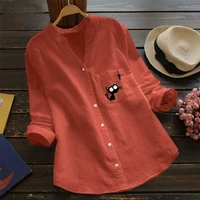 elegant blouses women cotton linen casual cat printed long sleeve shirt blouse button down tops blusas mujer de moda