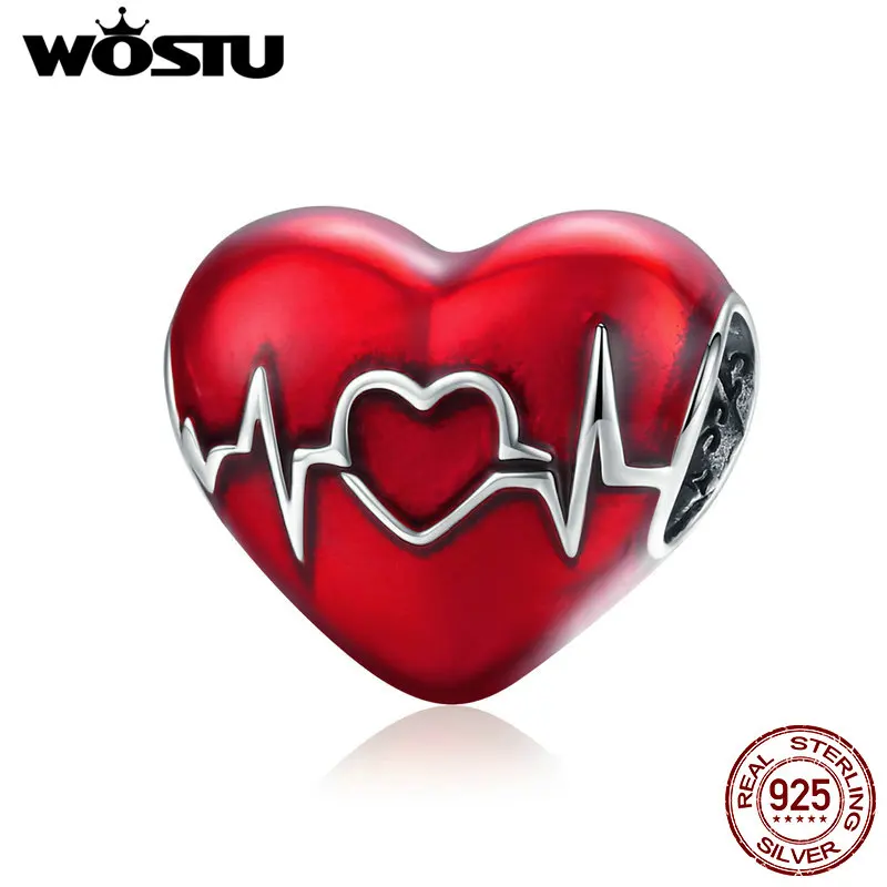 

WOSTU Hot Sale 925 Sterling Silver Love Heartbeat Charm Red Enamel Beads fit Women Bracelet DIY Jewelry Making CQC1569