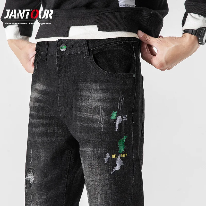 

Мужские рваные джинсы, свободные прямые джинсы с вышивкой