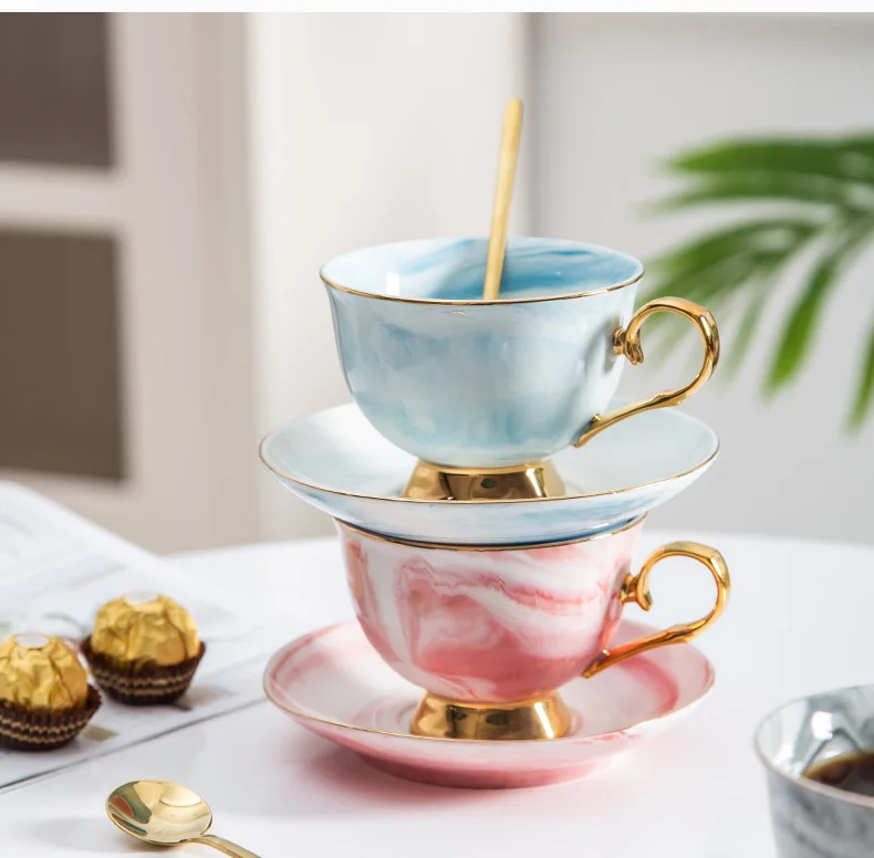 

Luxury Ceramic Marble Coffee Cup Set with Spoon Afternoon Tea Cups Bone China Saucer Set Home Marble Coffee Mug Gift New MM60BYD