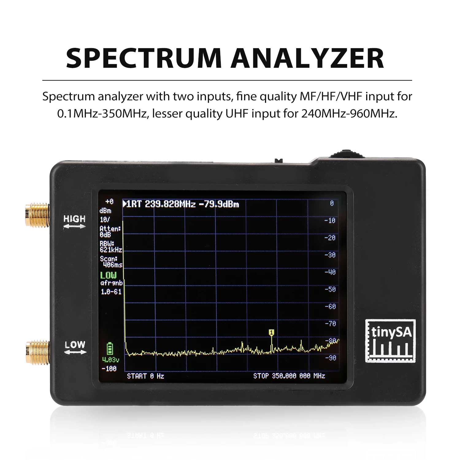 

Handheld Two Inputs Tiny Spectrum Analyzer Touching Display Screen Spectrum Analyzers with 100KHz-350MHz Input Frequency Range