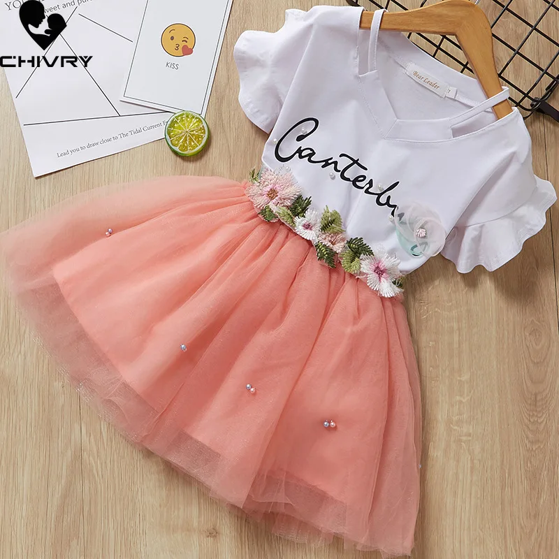

Two-piece Girls Clothing Sets Summer 2022 Baby Girls Letter Print Short Sleeve T Shirts with Pleated Skirt Kids Clothes Suit