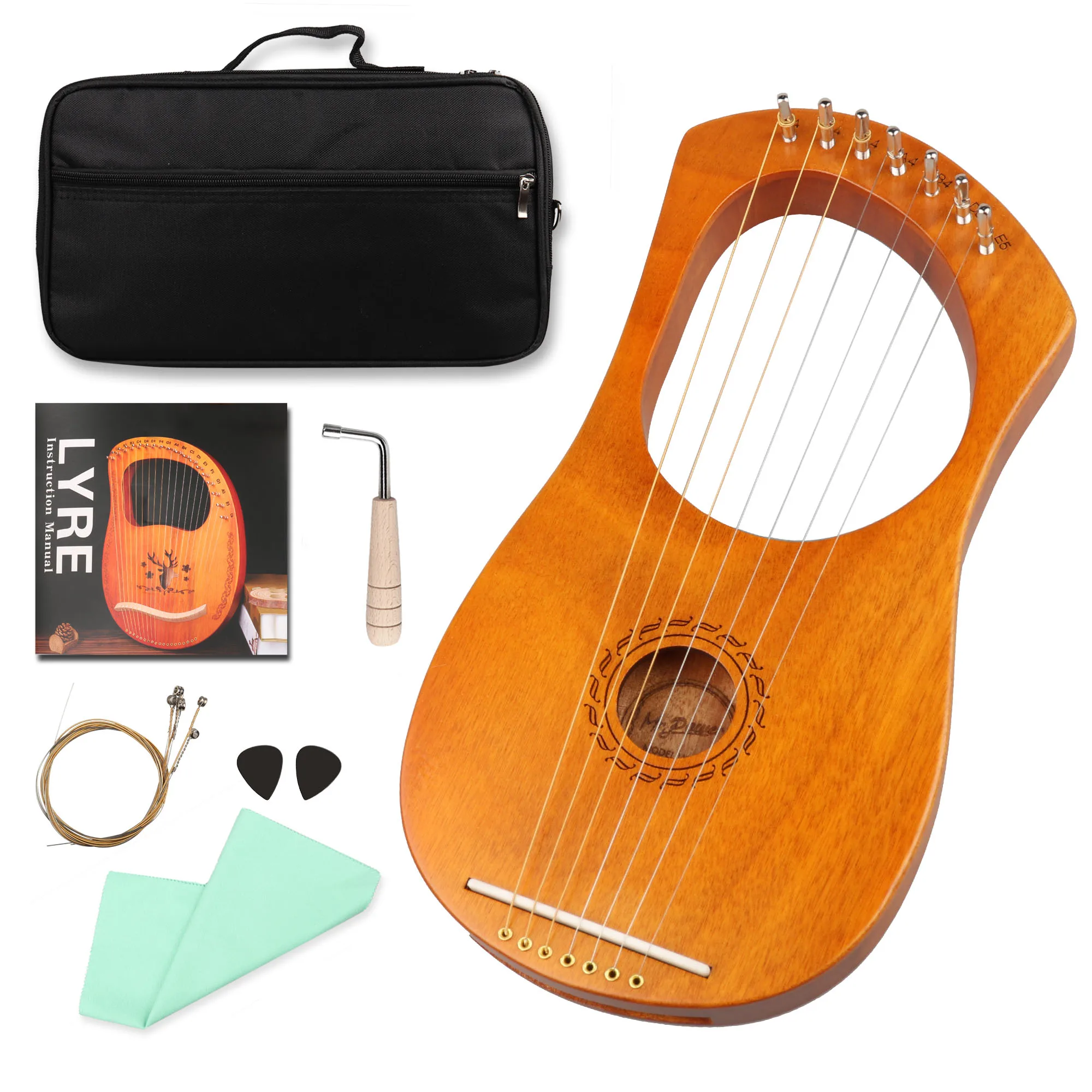 7 Steel  Strings Wooden Lyre Harp Ancient Greece Style Lyre with Tuning Wrench Extra String Set and Gig Bag For Beginners gift