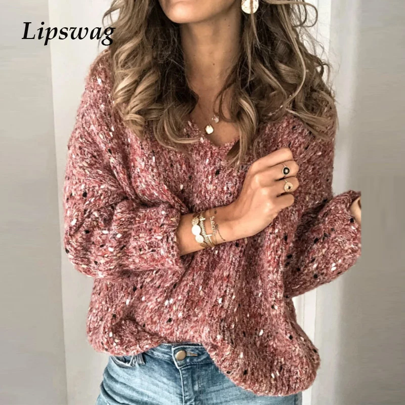 Autumn Winter Casual V-neck Sweaters Women Long Sleeve Knitted Pullovers Female Loose Tops Pull Jumper Drop Shipping 2XL |