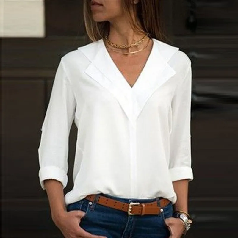 

White chiffon shirt long sleeve double V-neck blouse and shirt top solid office shirt ladies shirt - CH22