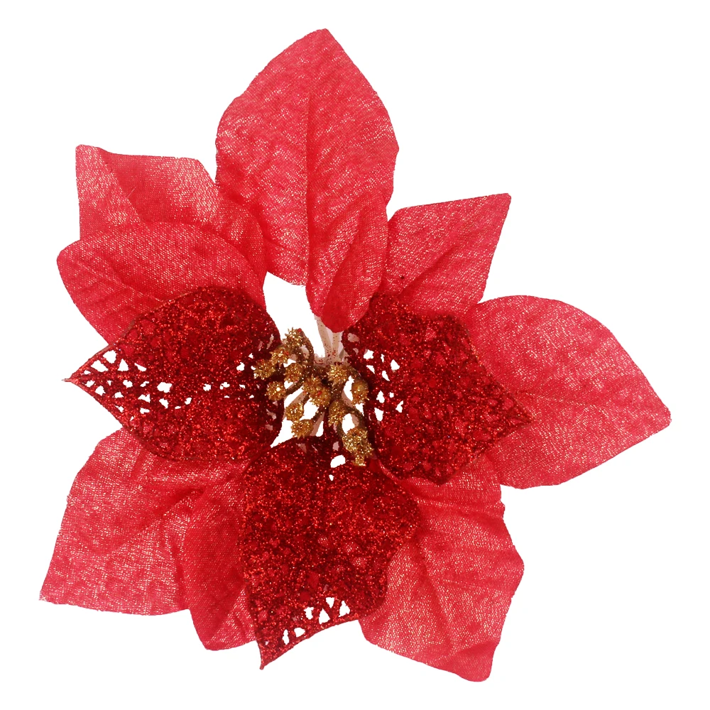12pcs/lot Artificial Christmas Flowers Plastic&Cloth Glitter Hollow Flower For Christmas Tree Decoration DIY Xmas New Year Decor