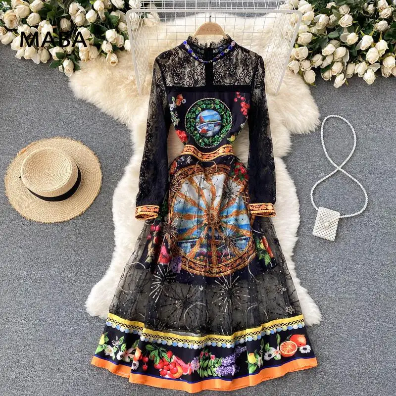 

Vintage Elegant Lace Patchwork Runway Dresses Autumn Women O-neck Long Sleeve Print Sexy See Through Embroidered A-line Dress