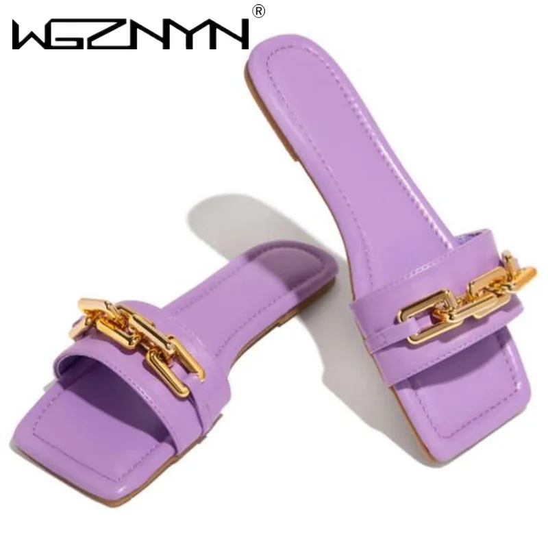 

2021 Women Slippers Causal Ladies Square Toe Flat Outdoor Slides Fashion Metal Decoration Female Shoes Open Toe Beach Lady Shoes