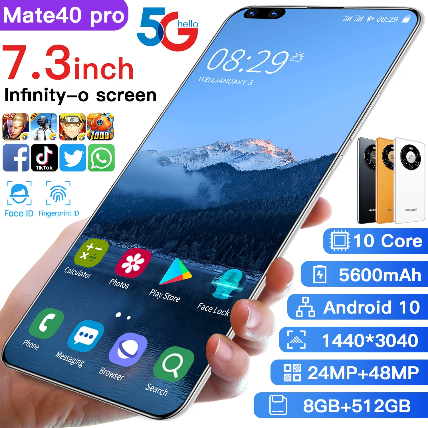 

Mate 40 Pro 7.3 Inch Global Version24+48MP Andriod Sm Artphones 8GB RAM 512GB ROM 10 Core MTK6889 Dual SIM 4G LTE 5G Cell Phone