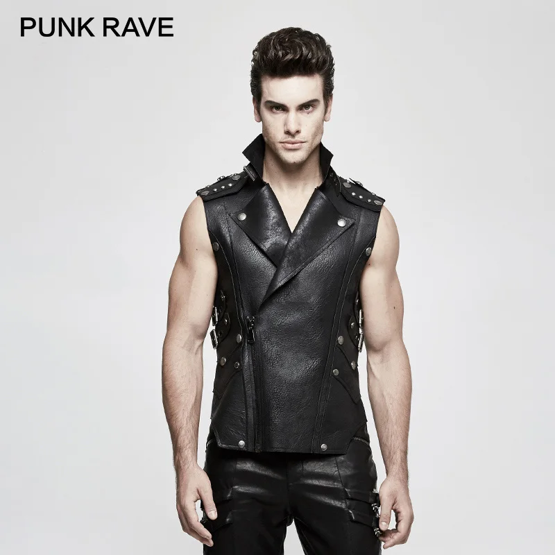 PUNK RAVE Punk Rock Military Tactical Fitted Split Stripe Men Vest Cowboy Heavy Black Cool Performance Party Gothic Tank Tops