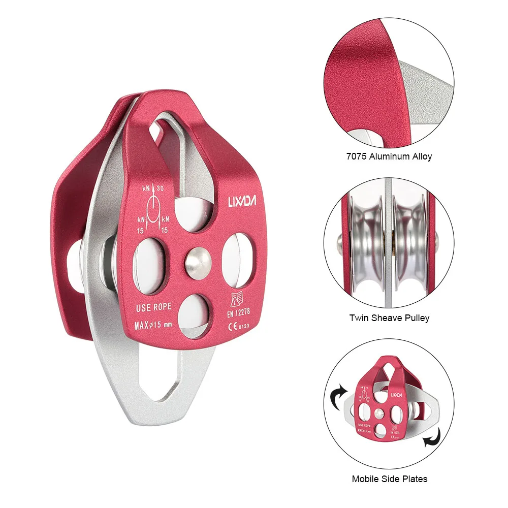 

Lixada Hot Sale 30KN Outdoor Single Fixed Pulley Aluminum Twin Sheave Pulley Mountaineer Climbing Rope Pulley Rock Rigge Rescue