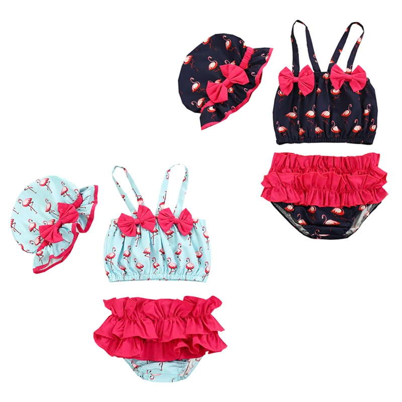 Купальник для маленьких девочек из 3 предметов с принтом фламинго на бретельках