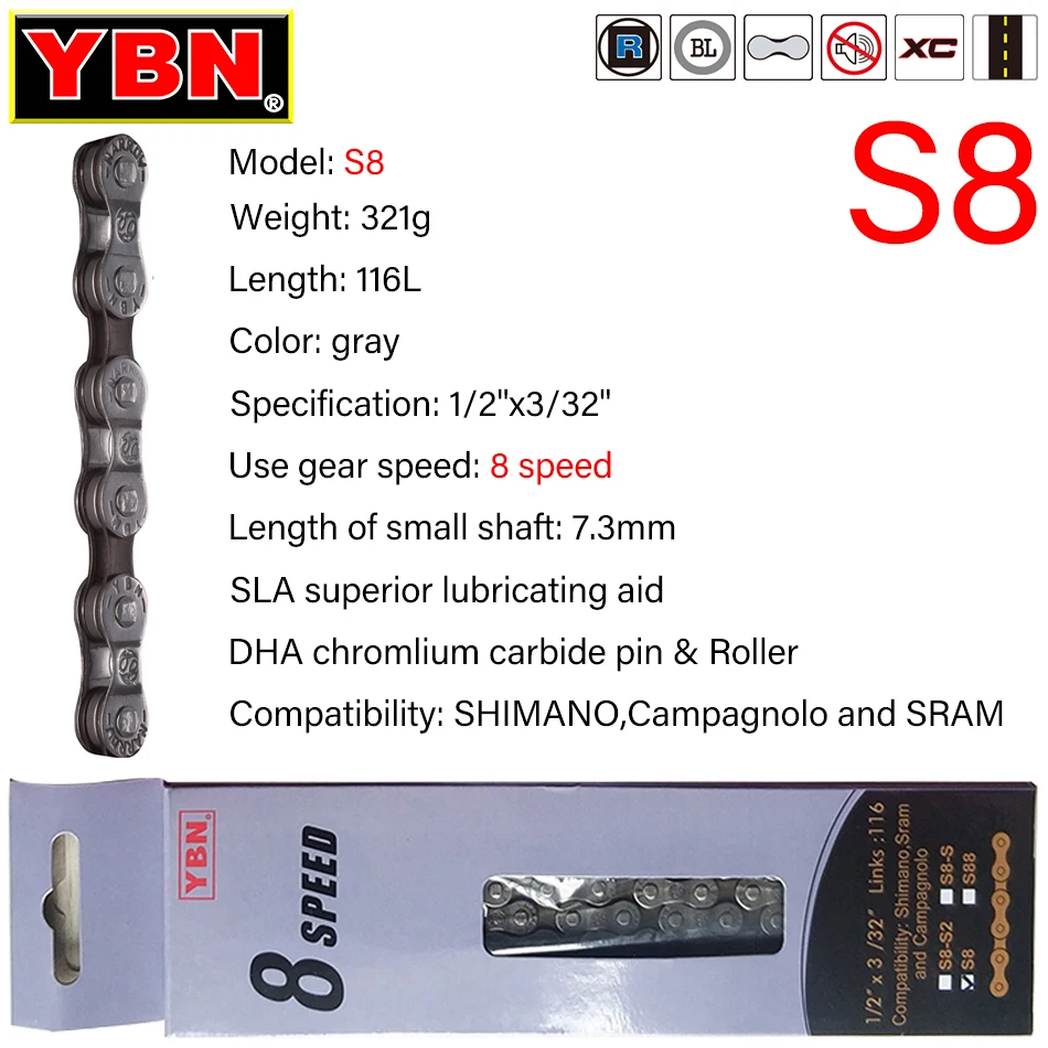 

YBN Bicycle Chain 116 Links Silver S11S for m7000 XT Bike Chains MTB Mountain Road Bike Chians 11 Speed Hollow