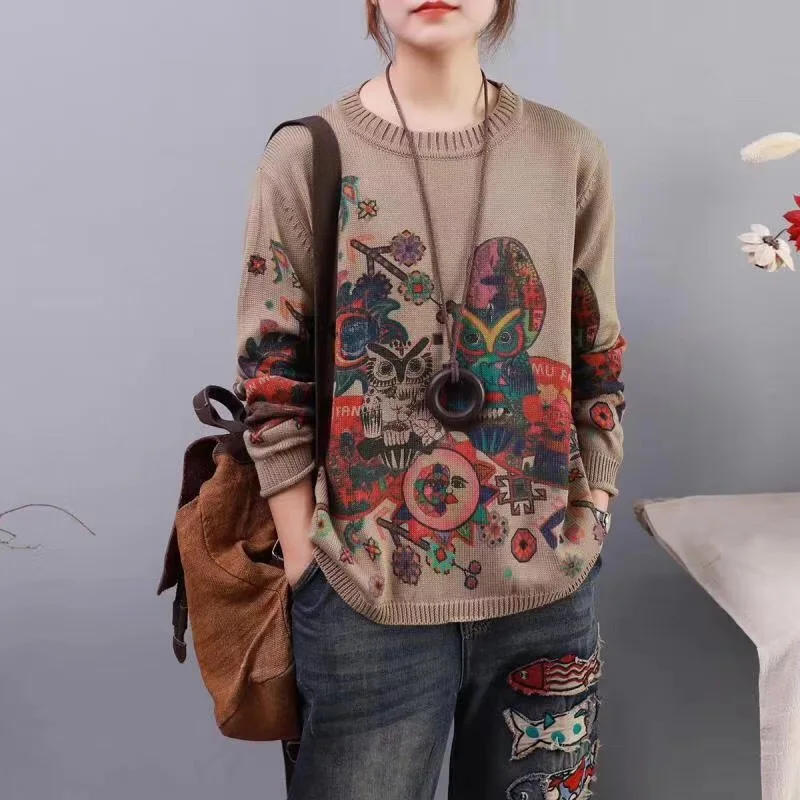 2019 осенний женский новый художественный ветер мультфильм печати круглый вырез