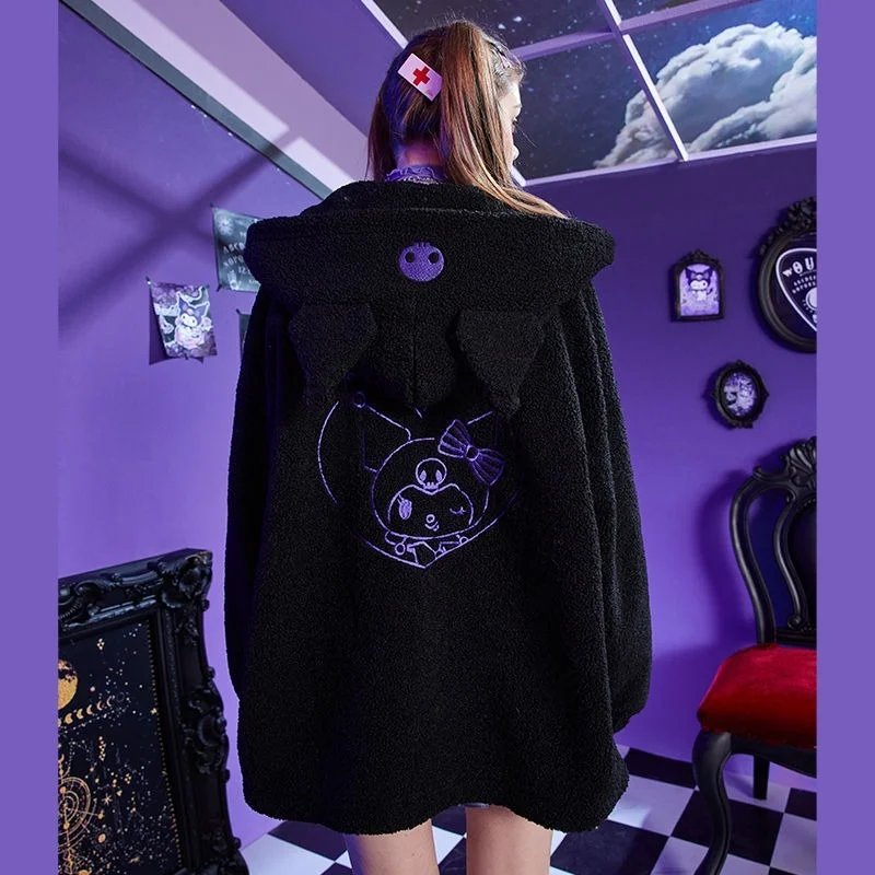 Sudadera con capucha de dibujos animados para mujer, abrigo bordado con cremallera, ropa gótica Kawaii, Y2k, Robot, color negro