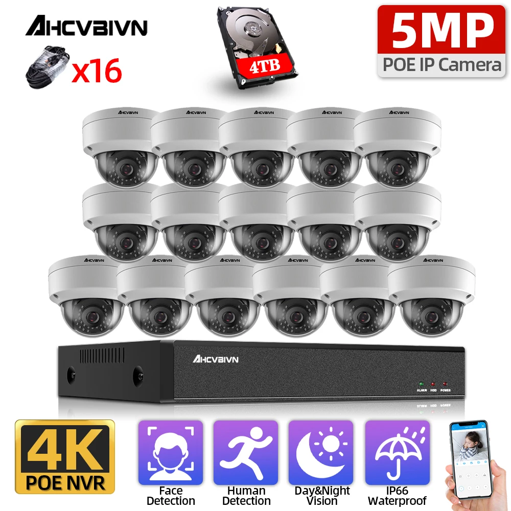 

AHCVBIVN H.265+ 16CH 4K 5MP POE Kit CCTV Camera System Outdoor WaterProof Security POE IP Camera Video Surveillance Set 4TB HDD