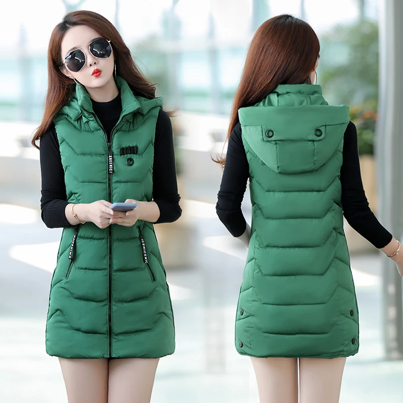 2021 зимний жилет женский средней длины приталенный однотонный Длинный на молнии с