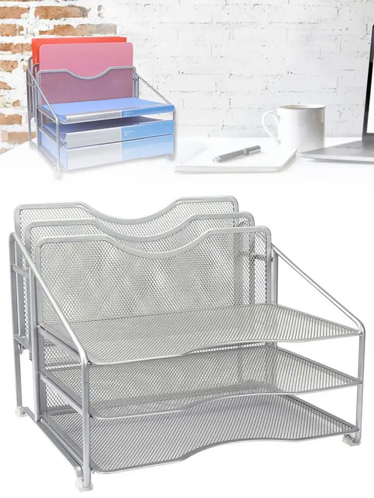 

Mesh Desk Organizer File Folder Rack With 3 Paper Trays And 2 Vertical Upright Section Desktop Document Tray For Stationary