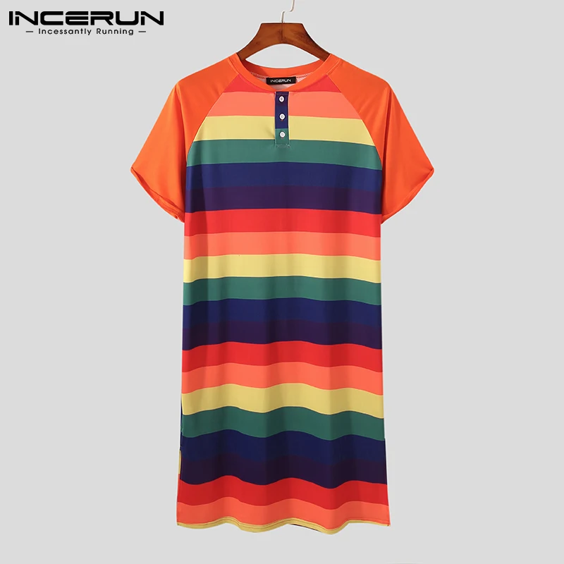 

INCERUN Men Striped Patchwork Robes Summer Comfortable Short Sleeve Bathrobes Homewear Loose Leisure O Neck Nightgown Men S-3XL