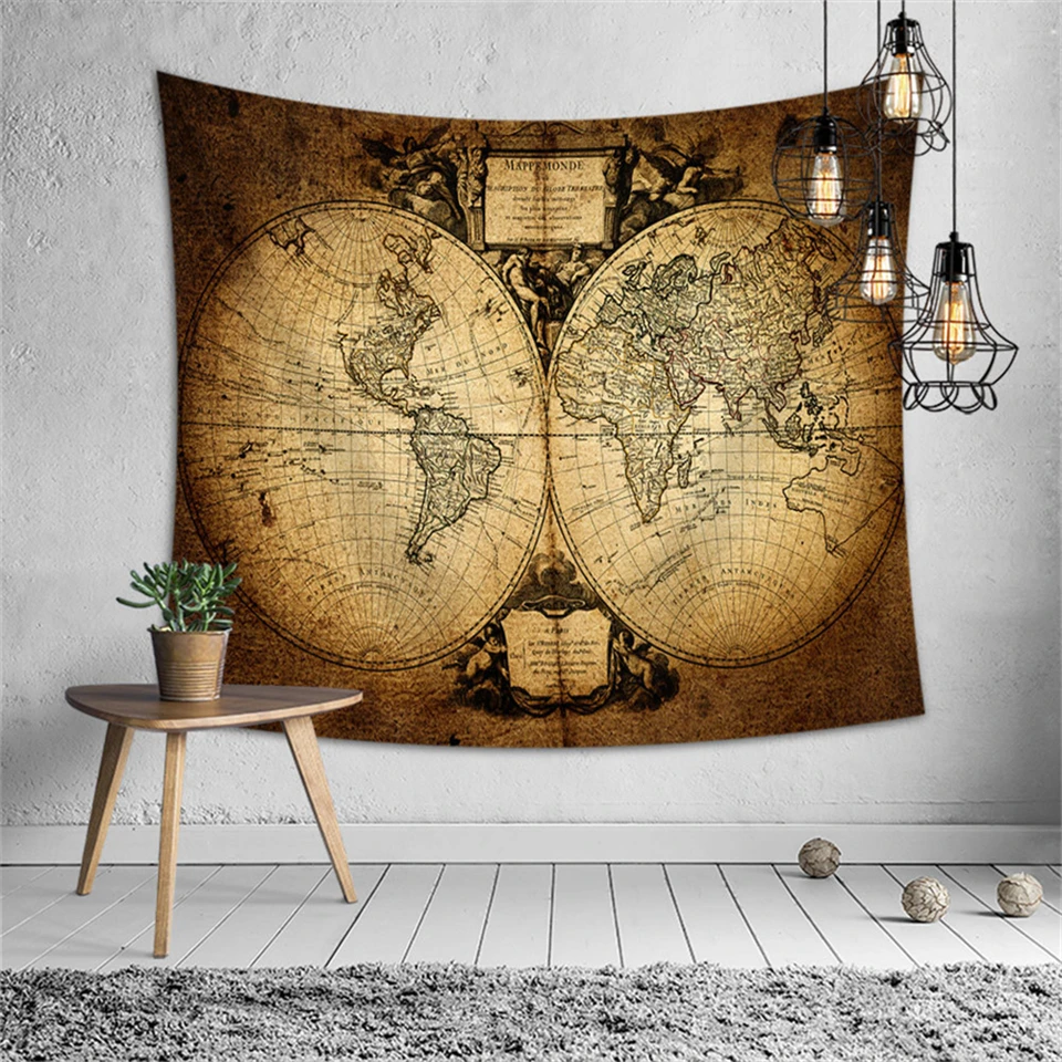 

Printed Wall Tapestry World Map Hippie Wall Cloth Tapestries Carpet Blanket Brick Stone Retro Map Boho Decor Dorm Background Art