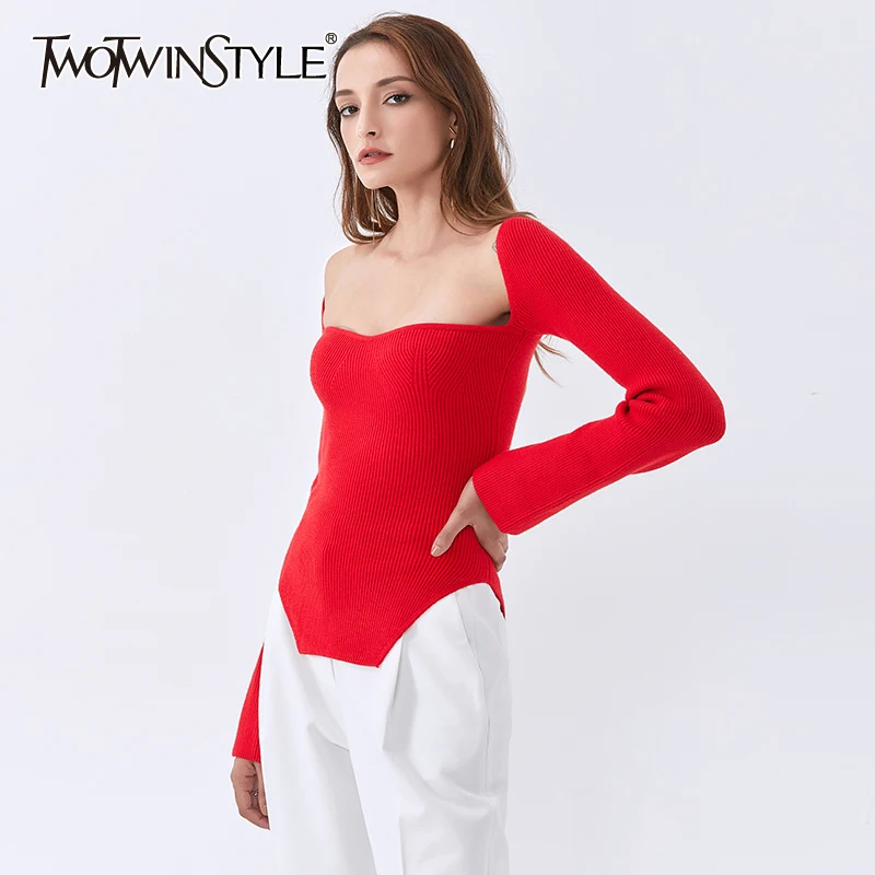 

Женский вязаный пуловер TWOTWINSTYLE, черный тонкий свитер с квадратным воротником и длинным рукавом, новинка 2022