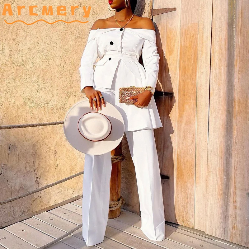 

Women Button Down Off Shoulder Asymmetrical Hem Top & Wide Leg Pants