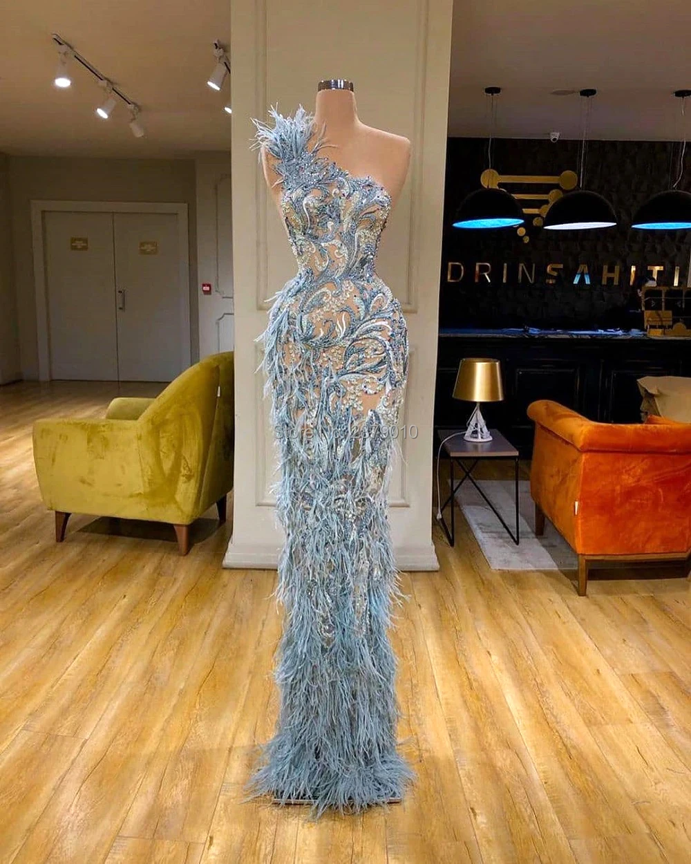 Одно плечо Русалка вечернее платье с длинными рукавами Длина до пола бисером