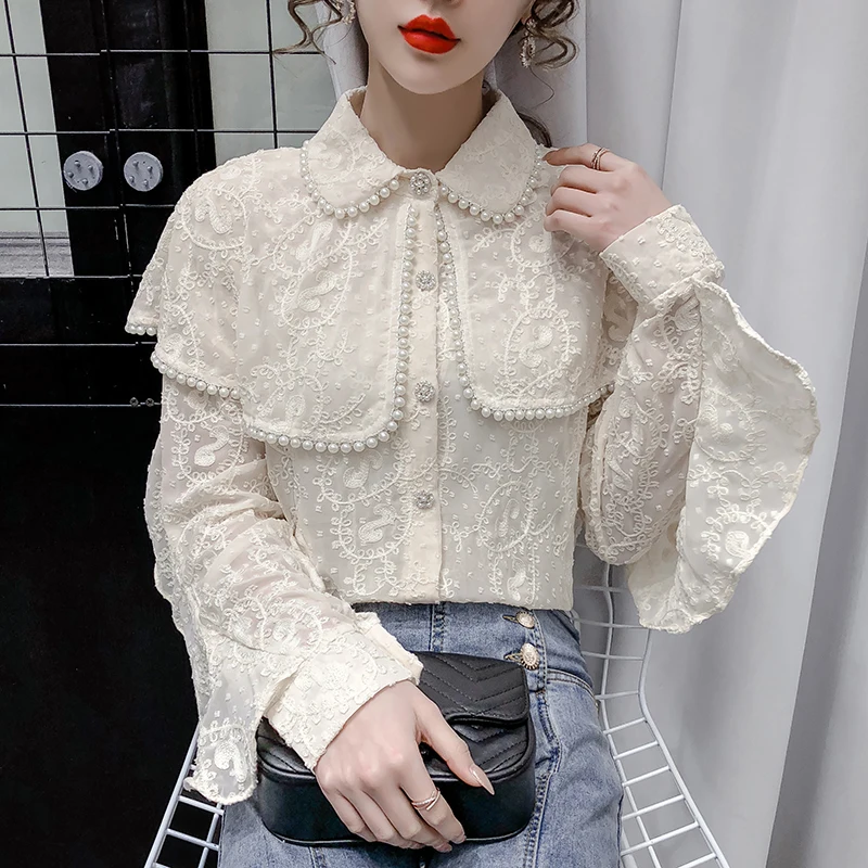 

French lace shirt loose collar shawl beaded embroidered long sleeve shirt blouse women Beading Vintage Regular blusas