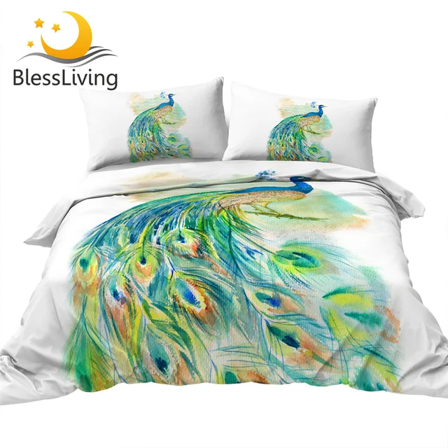 BlessLiving Colorful Peacock Bed Set 3 Piece Turquoise Bird Duvet Cover Watercolor Feathers Bedding Set Ethnic Bedspread Queen 1