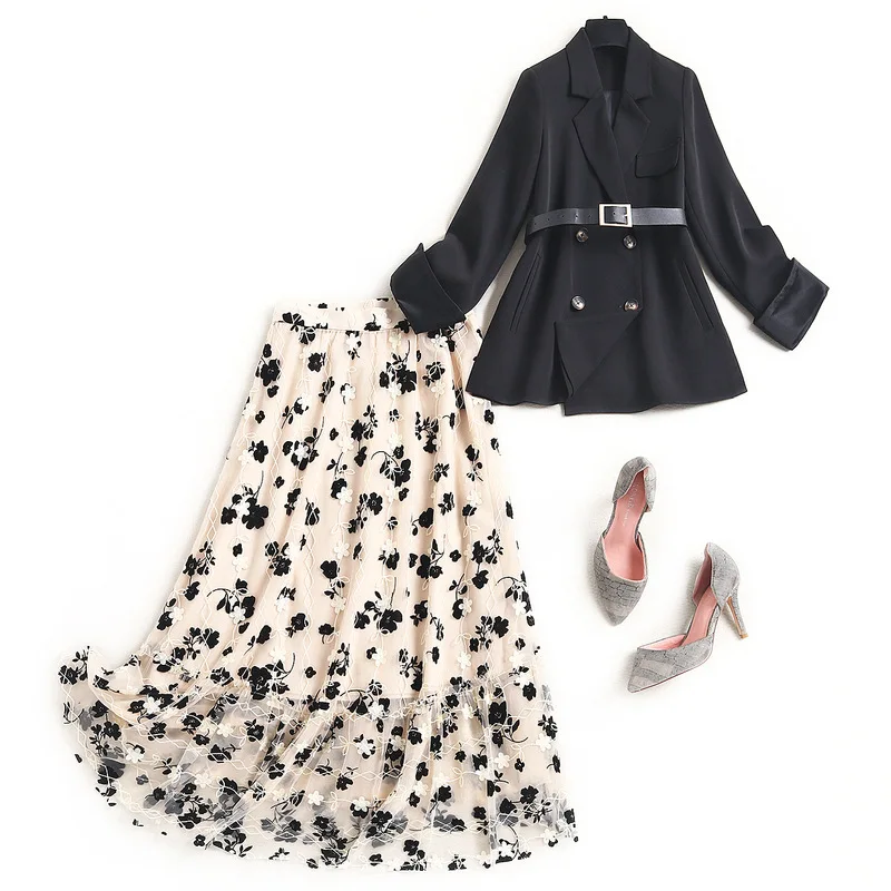 

2021 Spring High End Fashion Office Black Blazer Jacket Suit For Women With Flocking Embroidery Floral Long Mesh Skirt Set