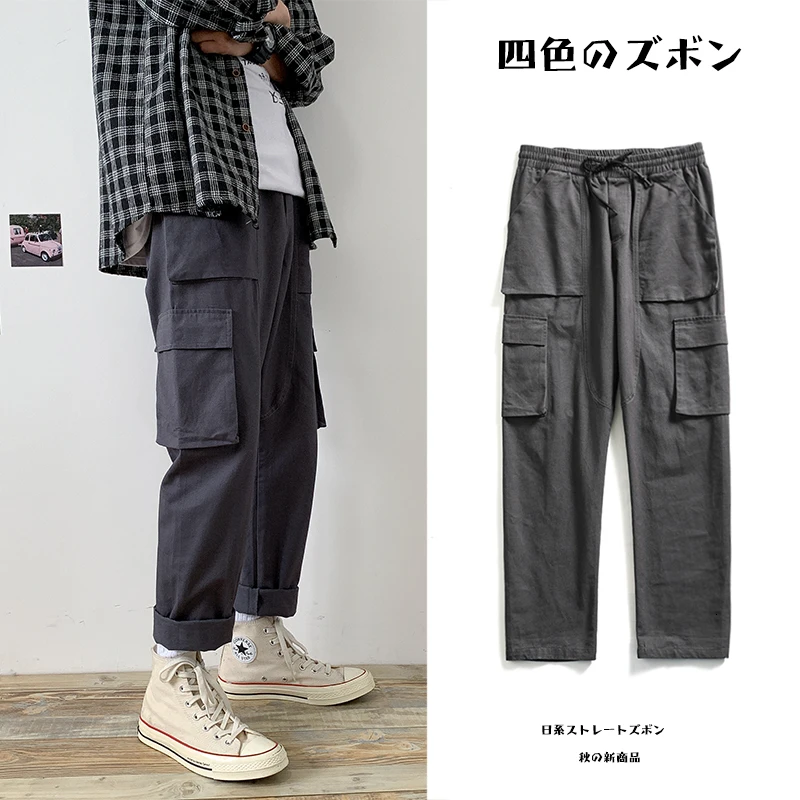 

Комбинезон Мужской Хлопковый, модные однотонные брюки-карго со множеством карманов, уличная одежда, свободные прямые штаны в стиле хип-хоп