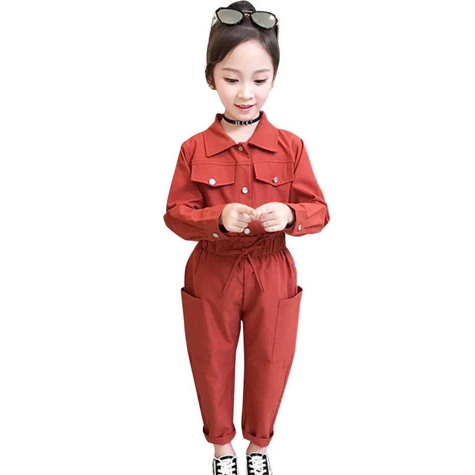 Одежда для девочек однотонный костюм из блузки и брюк брюки-карго с высокой