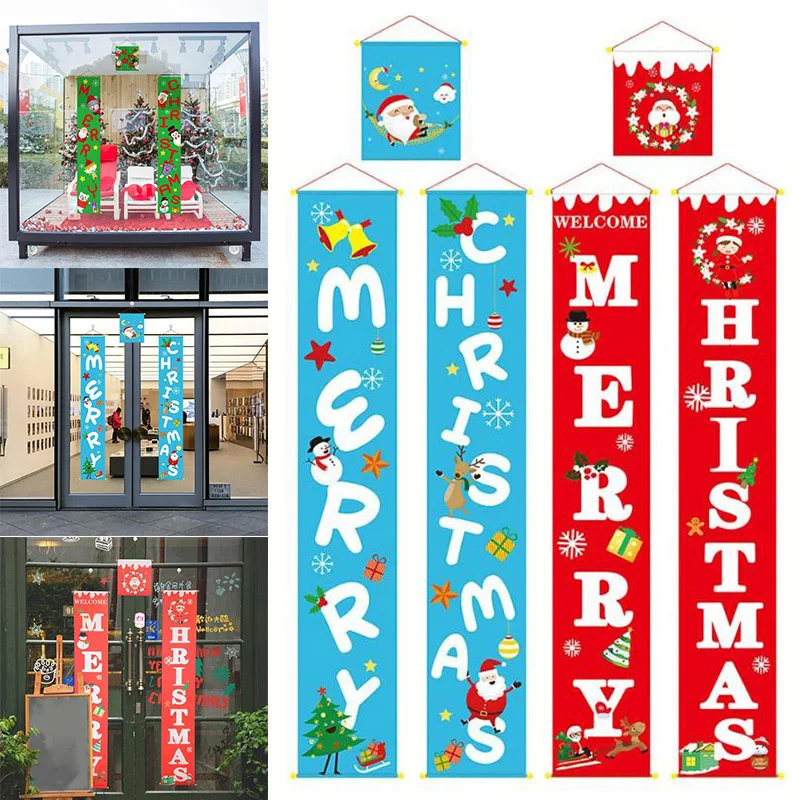 

3pcs Merry Christmas Banner Couplet Door Curtain Cloth Welcome Flag Hanging Ornament VC