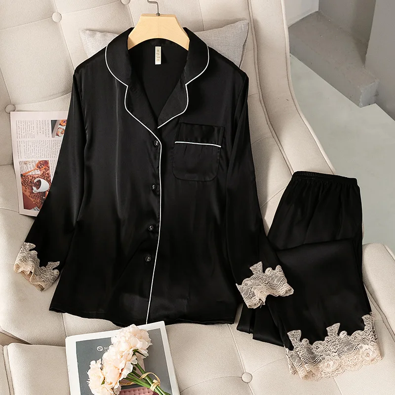 

Casual Women Pajamas Set Satin 2PCS Shirt&Pants Faux Silk Sleepwear With Lace Intimate Lingerie Soft Home Clothes Nightwear
