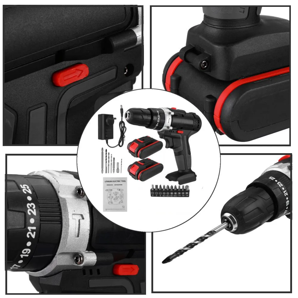 

48V 3 in 1 Cordless Electric Drill Screwdriver 10mm 2 Speed 25+3 Turque Power Driver Tools Set with Battery Drill Accessories